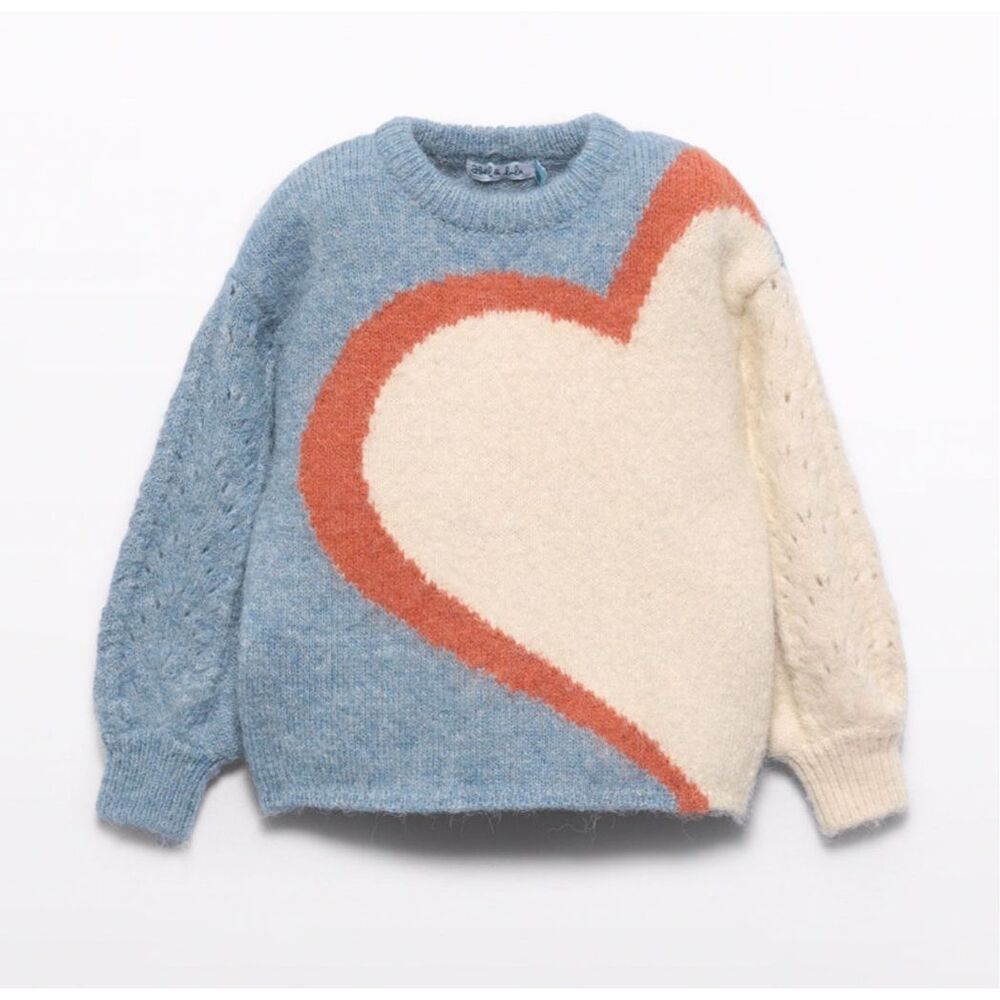Abel & Lula Heart Sweater Kids Girl 10 Blue Cream Jacquard Colorblock Wool Fuzzy